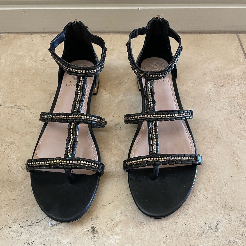 Vince Camuto Black Beaded T-Strap Sandals with Metallic Accents